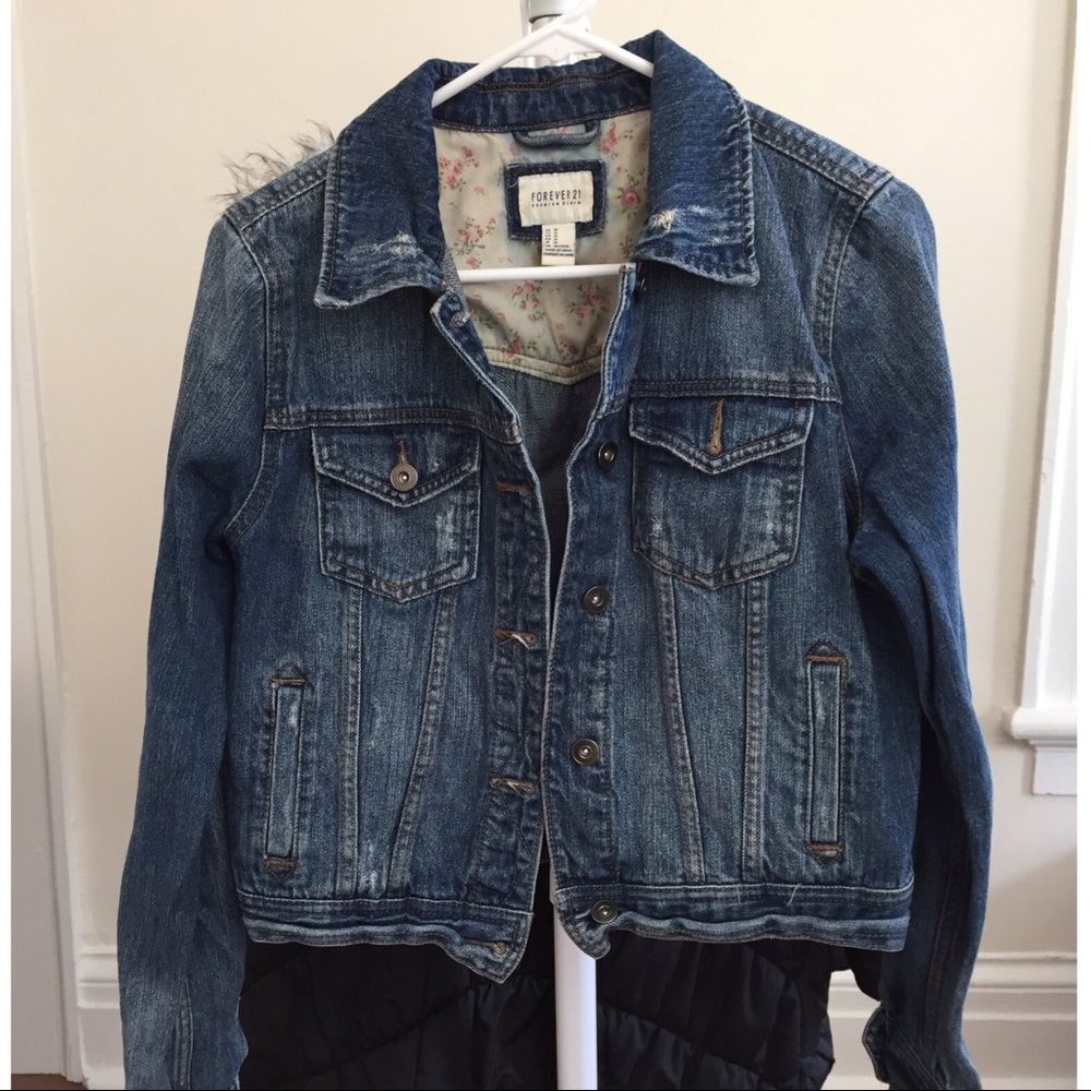 Forever 21 Crop Distressed Faded Denim Jean Jacket